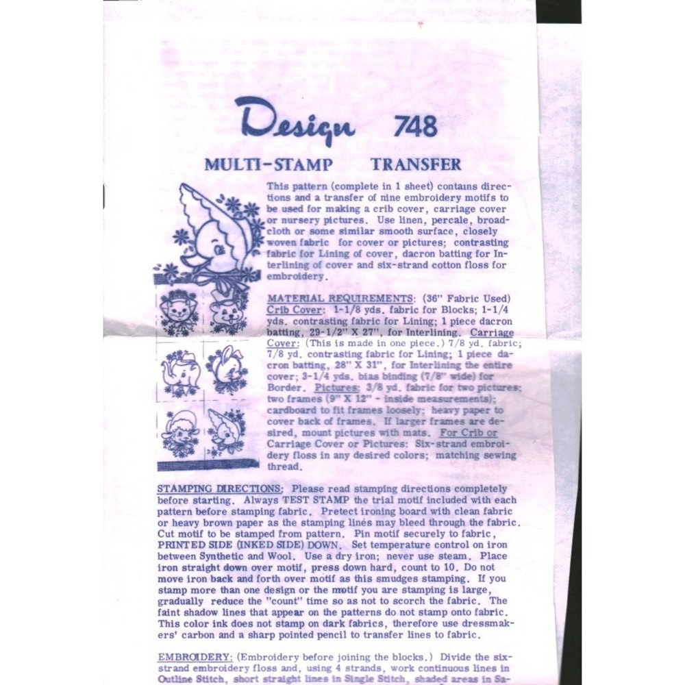 Vintage Design 748 Multi-Stamp Transfer Embroidery Motifs Nursery Baby Animals